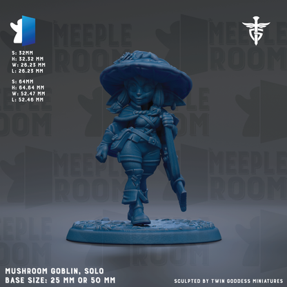 The image is a detailed model of a mushroom-headed female character, likely a female elf or witch, standing on a base. The character is wearing a hat and holding a sword. The image is described as a "Mushroom Goblin, Solo" and is shown in various sizes, including 25mm and 50mm. The base size is either 25mm or 50mm. The image is described as being "sculpted by Twin Goddess miniatures".
