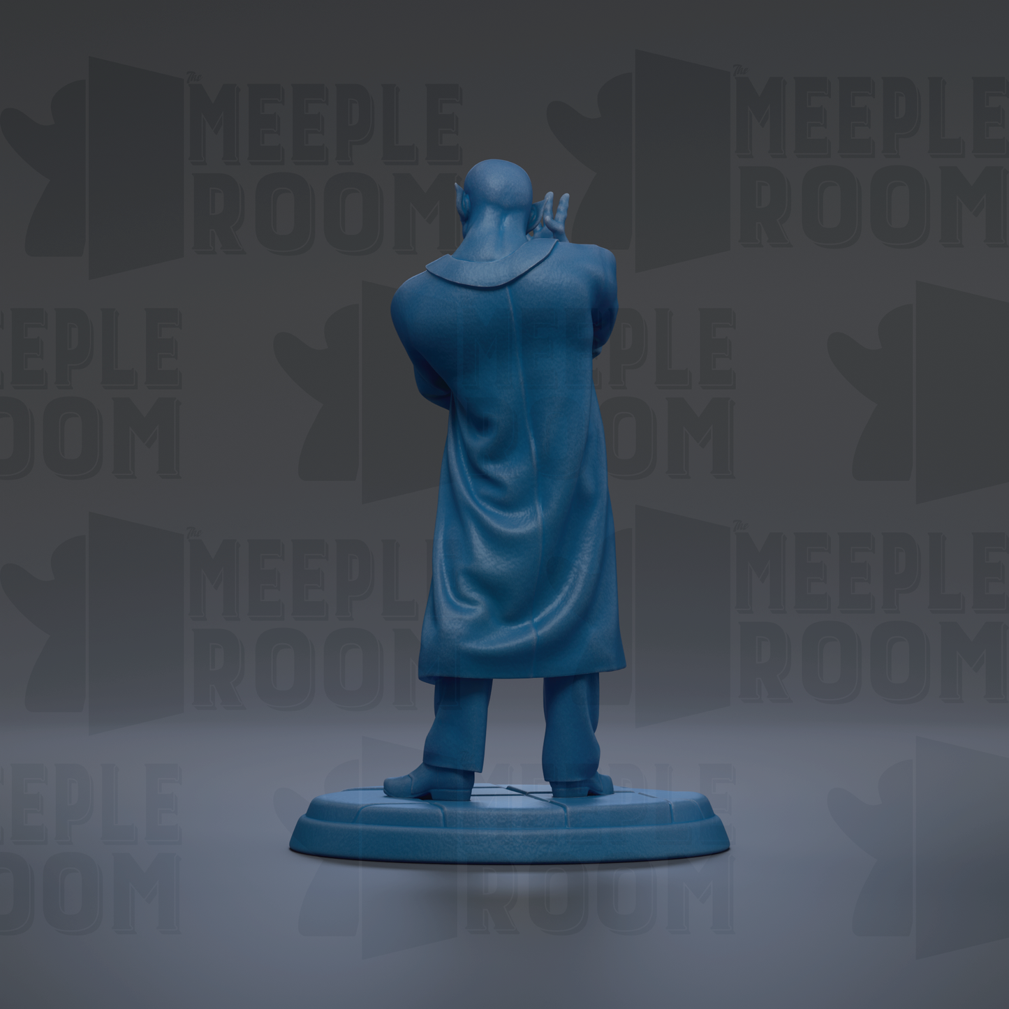 A blue statue of a person standing with their back to the viewer, wearing a long coat.