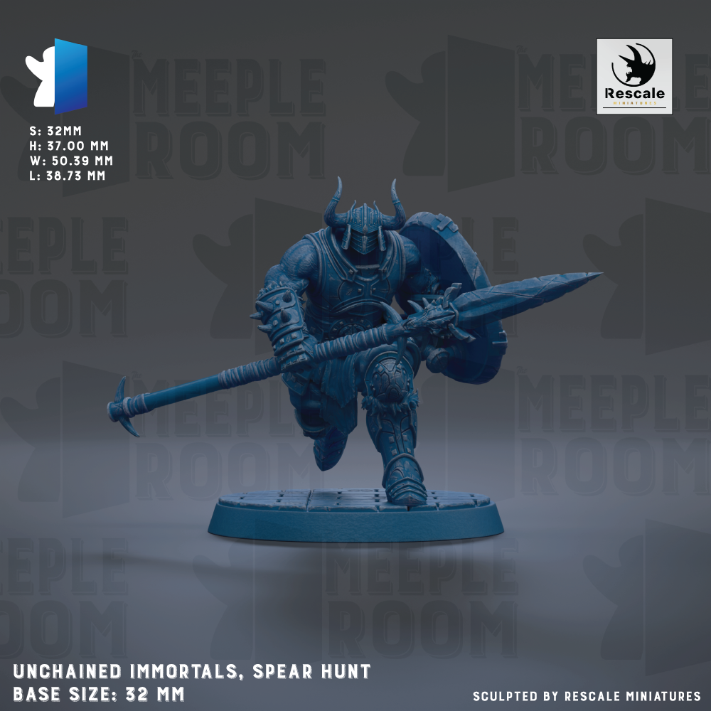 a figurine of a warrior wielding a spear and shield, standing on a base. The figurine is described as "Unchained Immortals, Spear Hunt" and is "Base Size: 32mm". The image is a collage of multiple images, and the phrase "Sculpted by Rescue miniatures" is mentioned at the bottom.