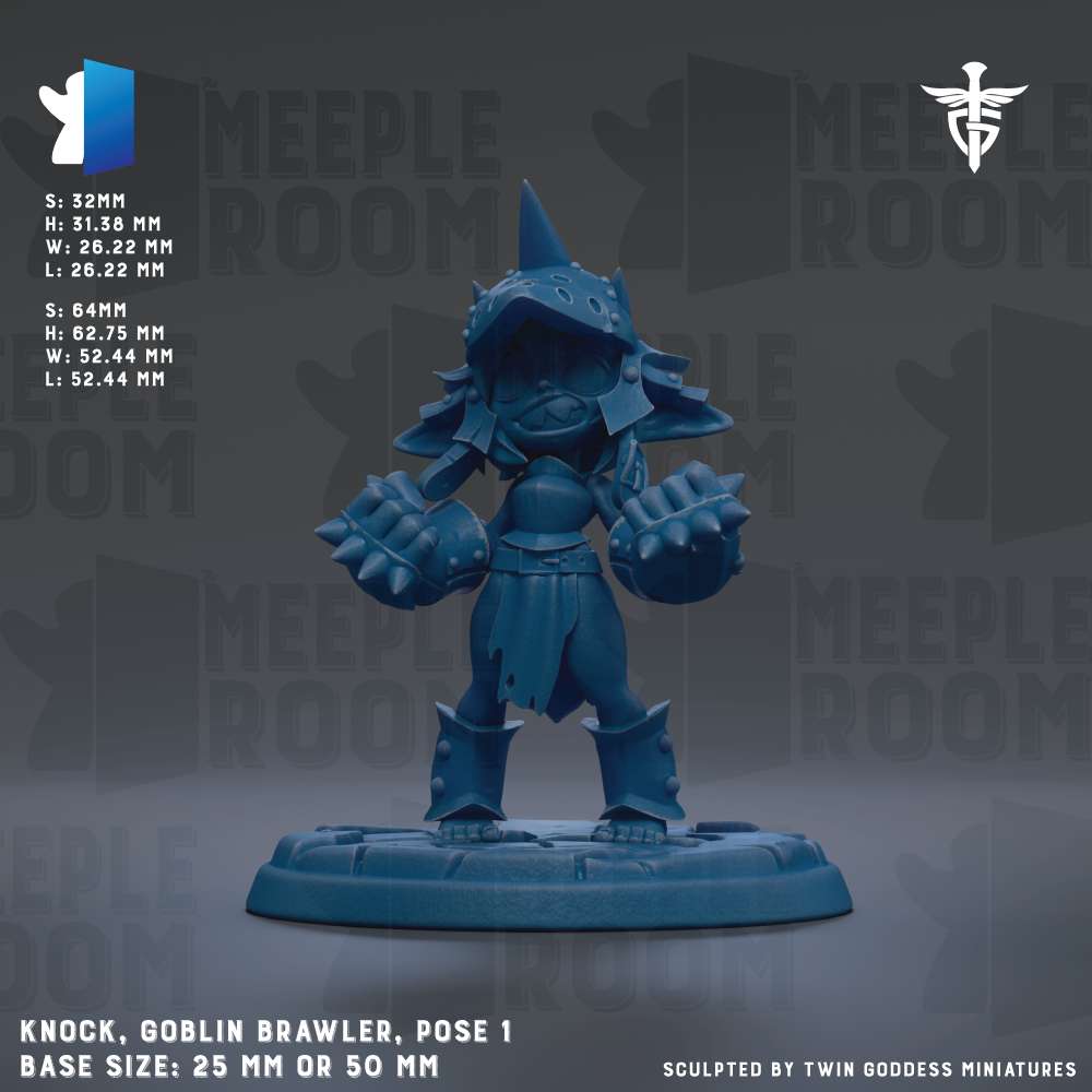 a blue figurine of a character, specifically a knock-knock, goblin brawler, posed on a base size of 25mm or 50mm.