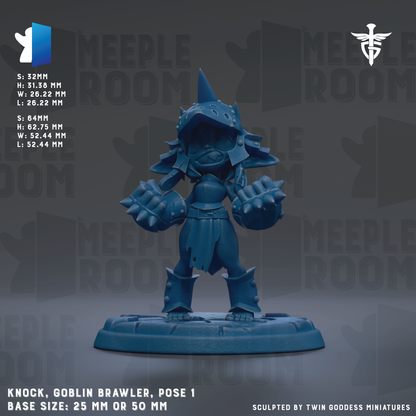 a blue figurine of a character, specifically a knock-knock, goblin brawler, posed on a base size of 25mm or 50mm.