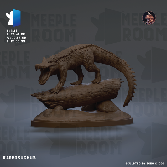 A 3D model of a crocodile-like creature, possibly a meerkat or similar small animal, sitting on a log. The image is described as a "sculpted by dinosaur & dog" and is part of the "MEUPLE ROOM" series. The image is labeled with dimensions and a logo, and it is described as a "KAPROSCHUS" sculpture.