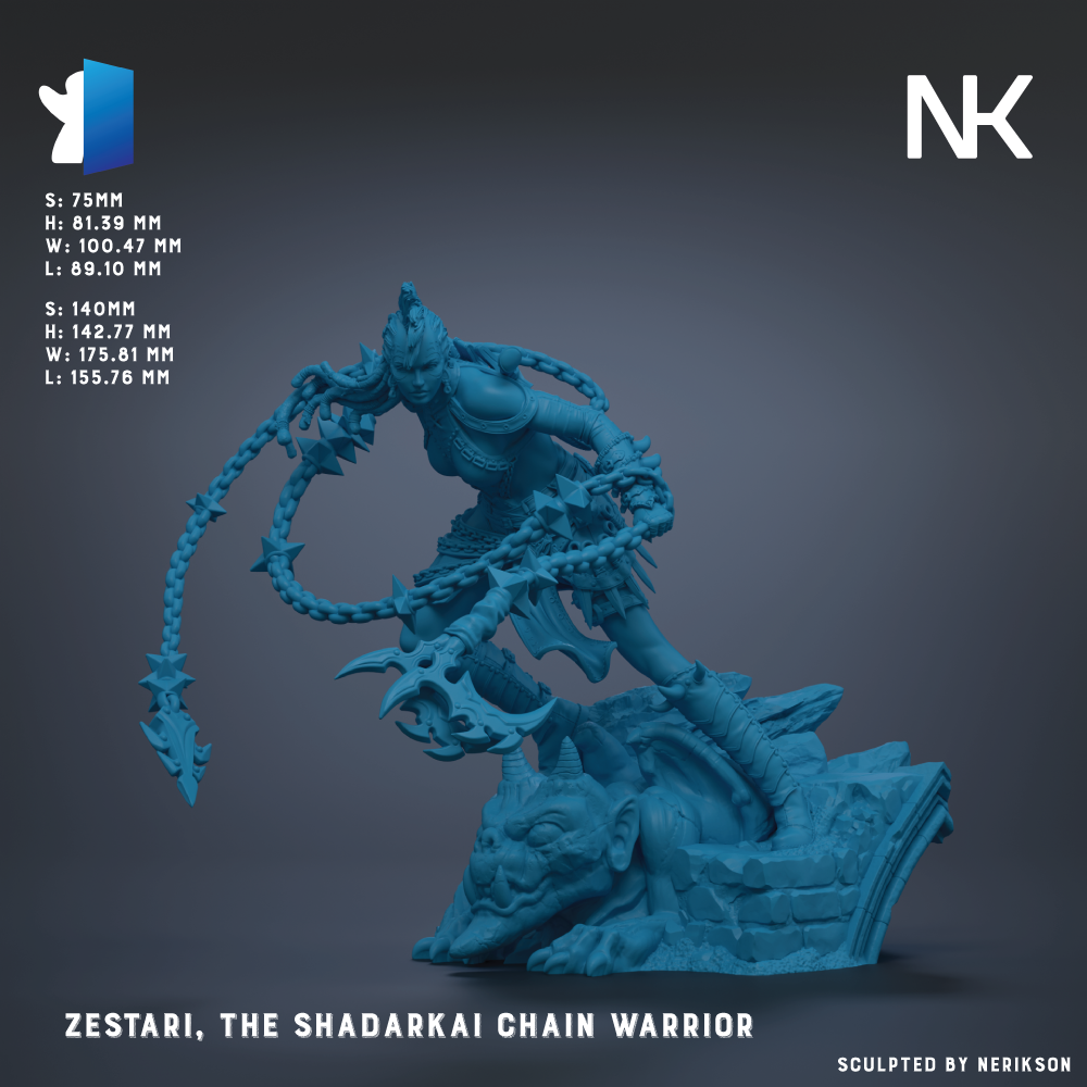 a blue figurine of a warrior character named Zestari, who is the chain warrior of the Shadarkai chain.
