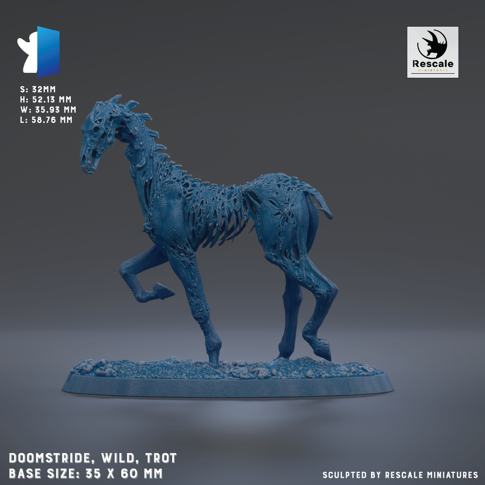 A blue, skeletal horse figurine is shown on a base, with the text indicating the base size and the sculptor.