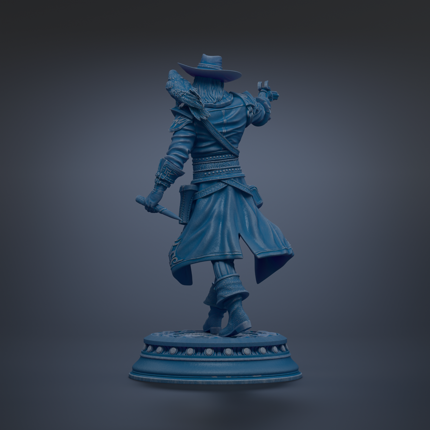 A blue statue of a person wearing a hat and holding a weapon, standing on a pedestal.
