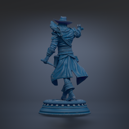 A blue statue of a person wearing a hat and holding a weapon, standing on a pedestal.