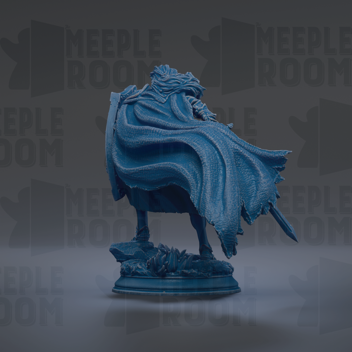 A blue statue of a figure with a flowing cape and sword stands on a pedestal against a dark background with repeated text.