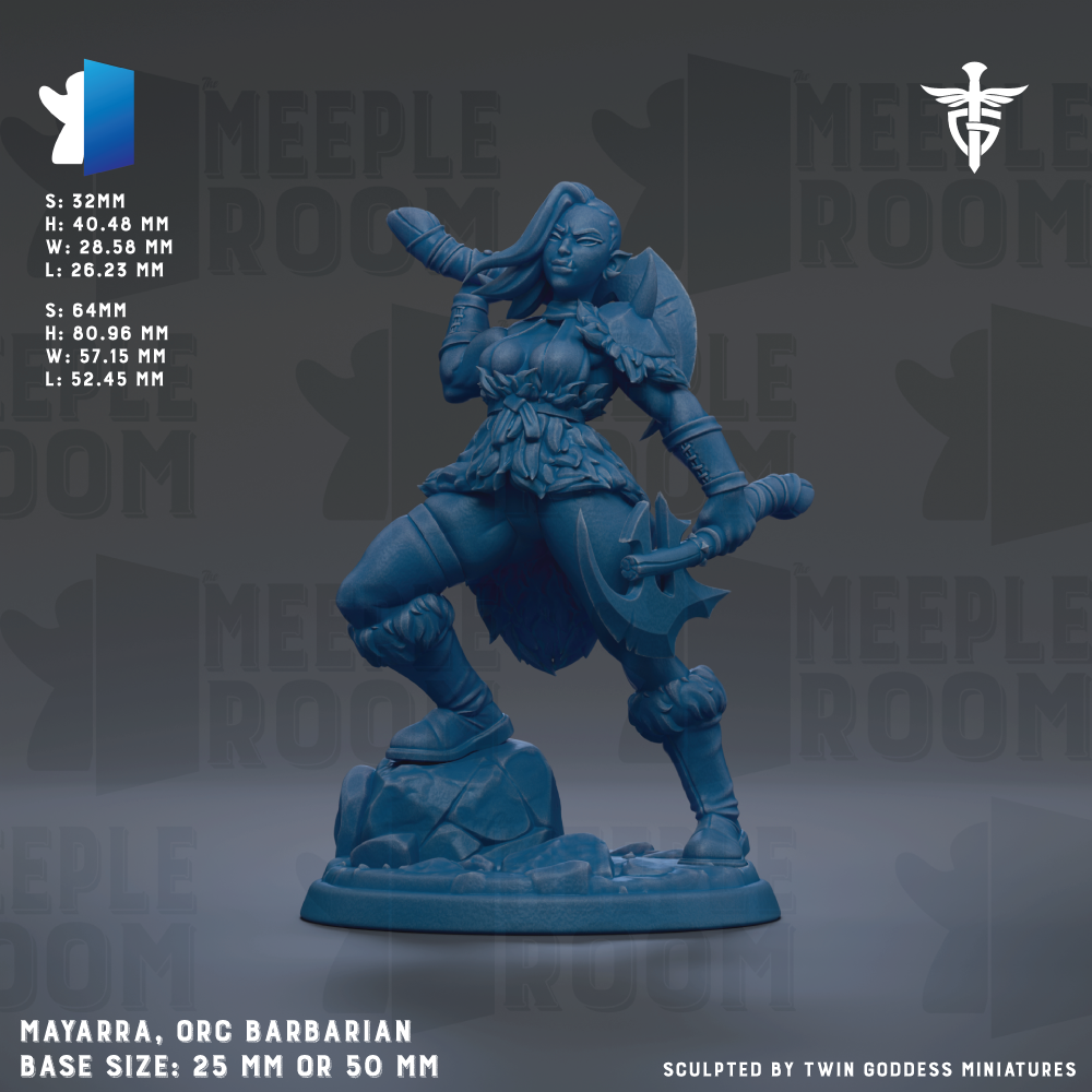 a blue figurine of an orc barbarian, with the base size being either 25mm or 50mm.