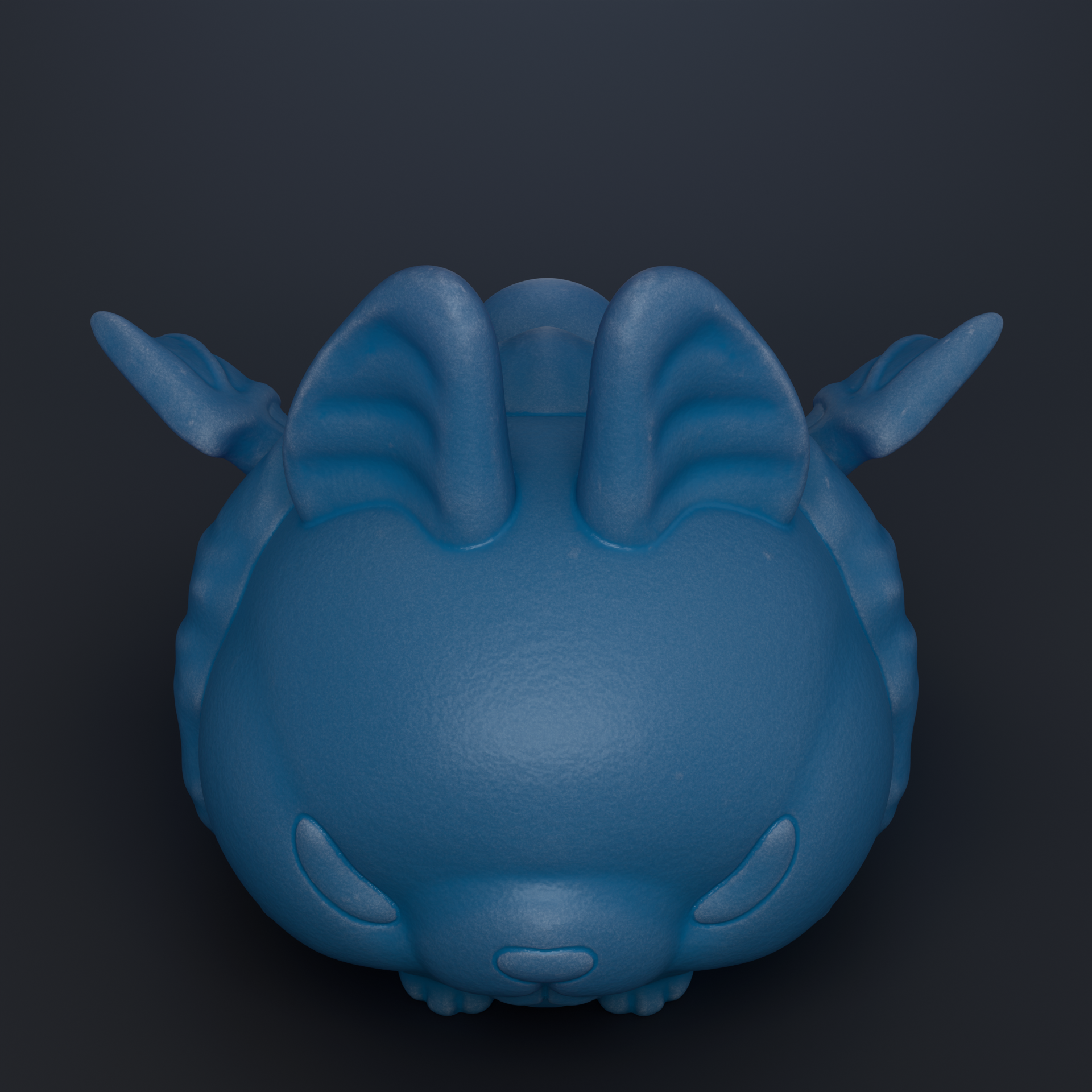 A blue, cartoon-like object with large ears and a round body, resembling a small animal or creature.