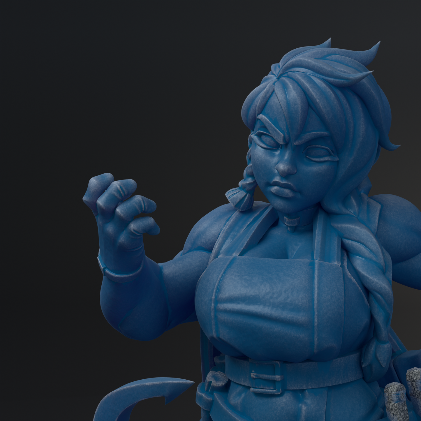 A close-up view of a blue, 3D-rendered female character with braided hair, wearing a dress and holding a weapon.