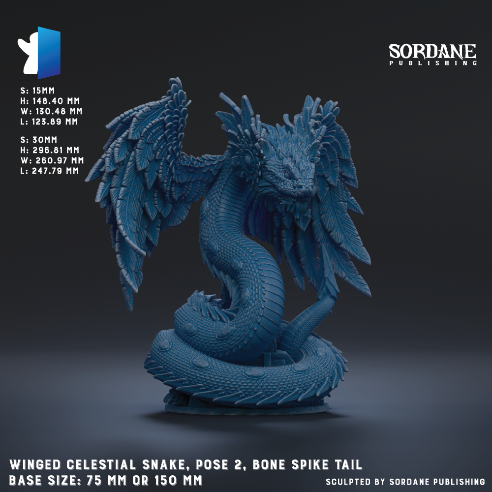 The image is a detailed 3D rendering of a winged celestial snake, with a bone spike tail, positioned on a base size of 75 mm or 150 mm.