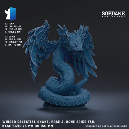 The image is a detailed 3D rendering of a winged celestial snake, with a bone spike tail, positioned on a base size of 75 mm or 150 mm.