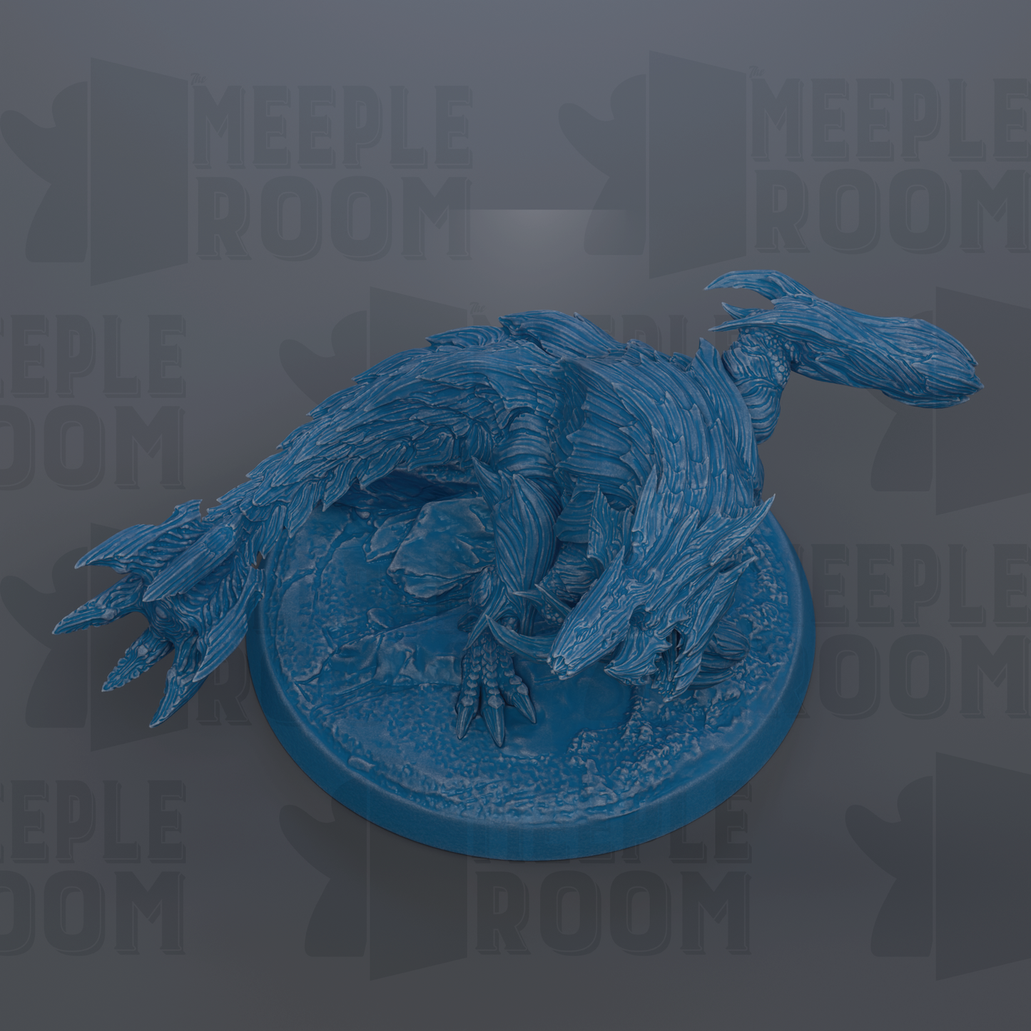 A blue, 3D-rendered dragon figurine is displayed on a circular base against a dark background with repeated text.