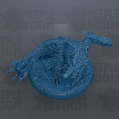 A blue, 3D-rendered dragon figurine is displayed on a circular base against a dark background with repeated text.