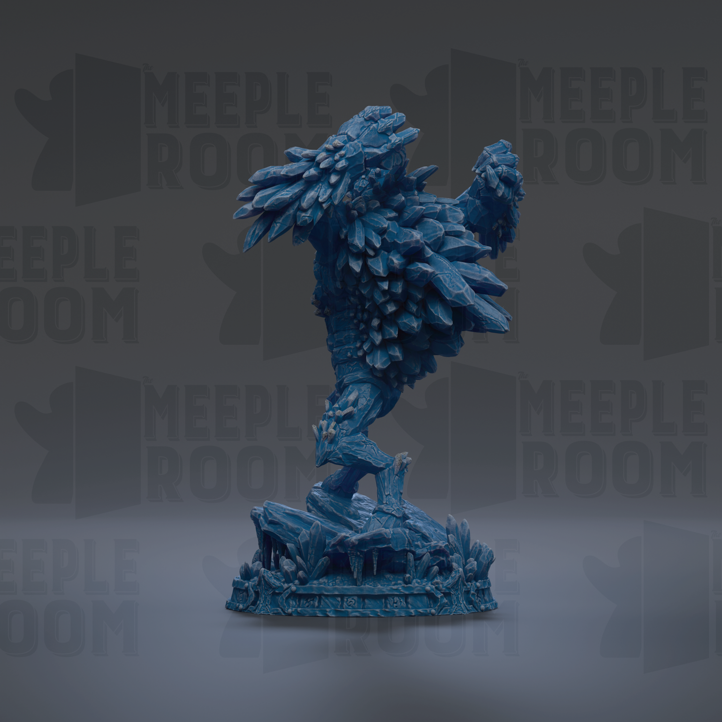 A blue, 3D-rendered statue of a bird with intricate details and a textured appearance, standing on a base with a rock formation.