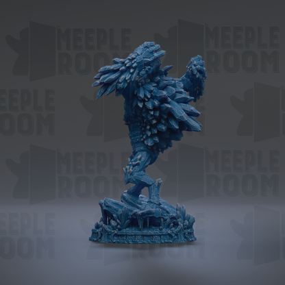 A blue, 3D-rendered statue of a bird with intricate details and a textured appearance, standing on a base with a rock formation.
