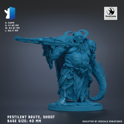 a blue, sculpted figurine of a pestilent bruised, shoot-equipped character with a large gun. The base size of the figurine is 40 mm.