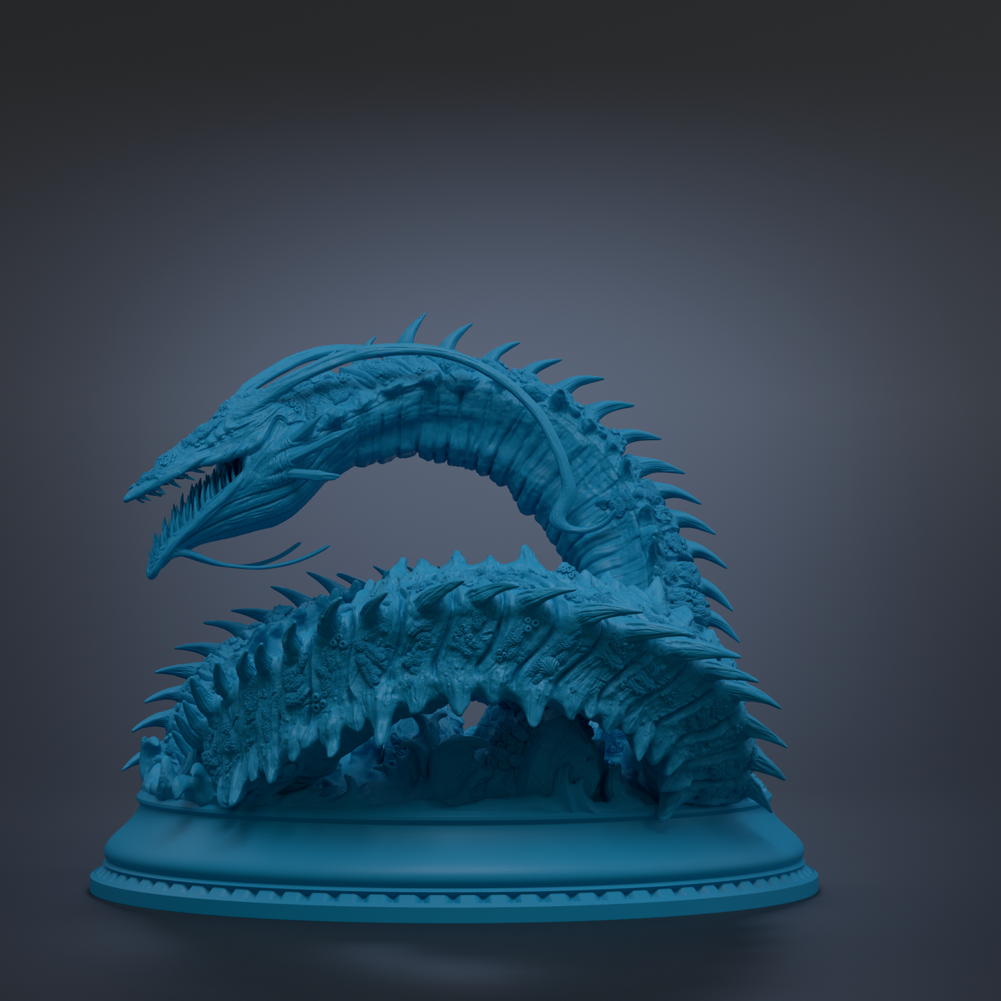 A 3D rendering of a blue, fantastical creature resembling a snake or serpent, with sharp teeth and a coiled body, displayed on a blue pedestal.