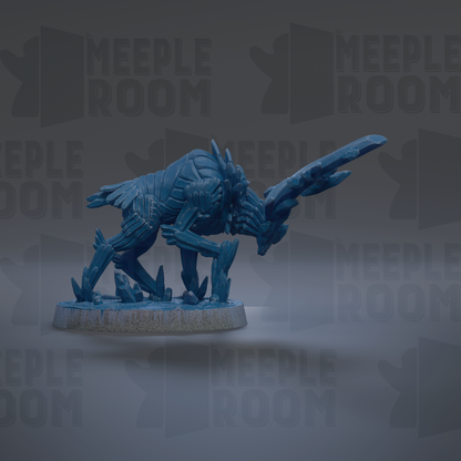 A blue, metallic figurine of a creature with a long, pointed weapon, possibly a sword, is shown against a dark background with repeated text.
