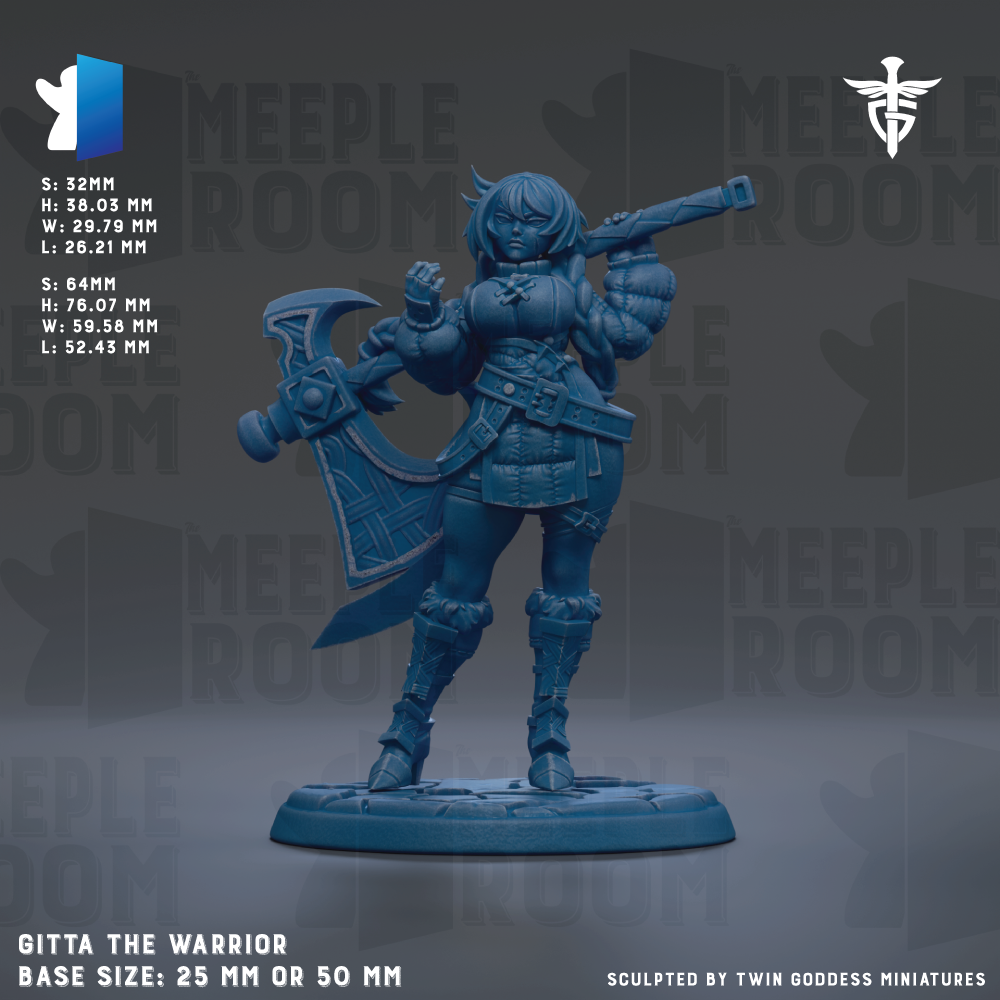 a blue warrior figurine with a sword and shield, standing on a base. The figurine is described as "Gitta the Warrior" and is shown in various sizes, including 25mm and 50mm. The figurine is sculpted by "Twin goddesses" and is shown in different poses. The background features the "MELLOWROOM" logo, and the base size is either 25mm or 50mm.