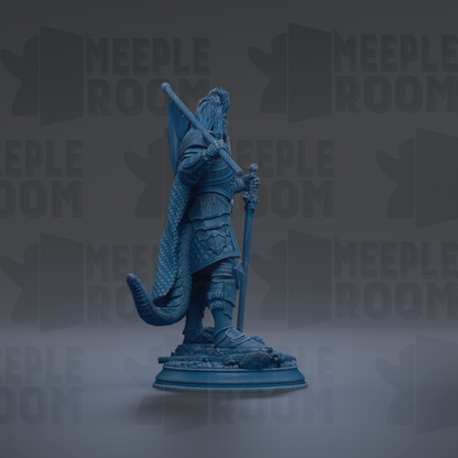 A blue statue of a warrior standing on a pedestal, holding a sword and shield, against a dark background with repeated text.