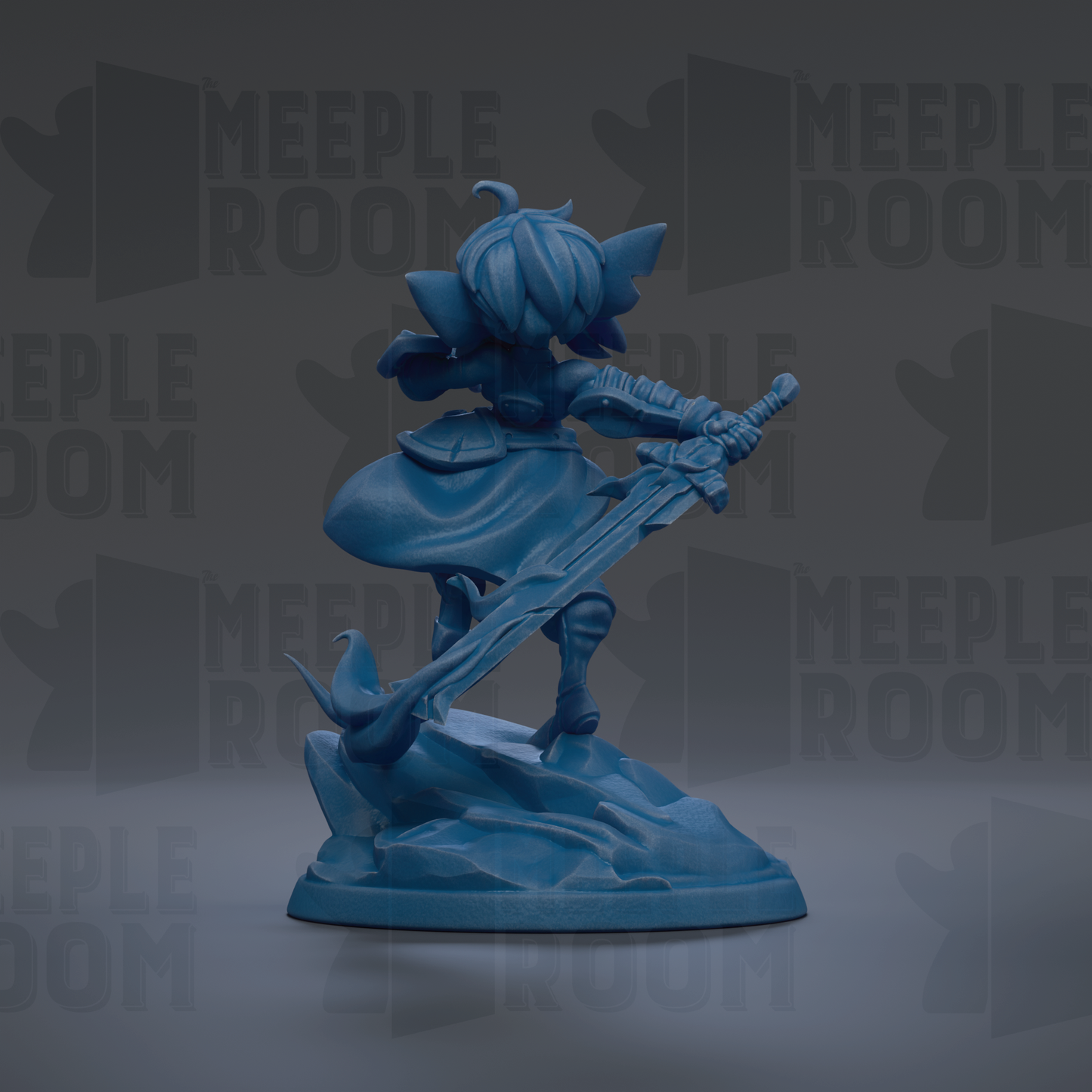 A blue figurine of a character with a sword and shield, standing on a rock formation against a dark background with repeated text.