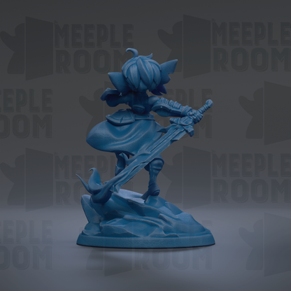 A blue figurine of a character with a sword and shield, standing on a rock formation against a dark background with repeated text.