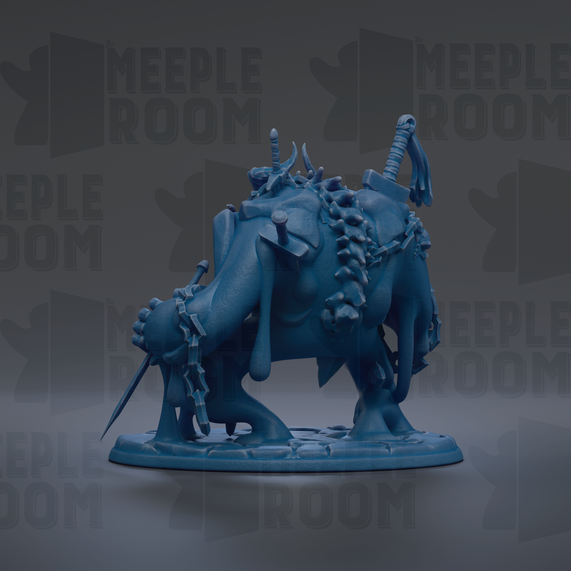 A blue, abstract sculpture with various shapes and textures, including a skull-like figure, a chain, and other organic forms.