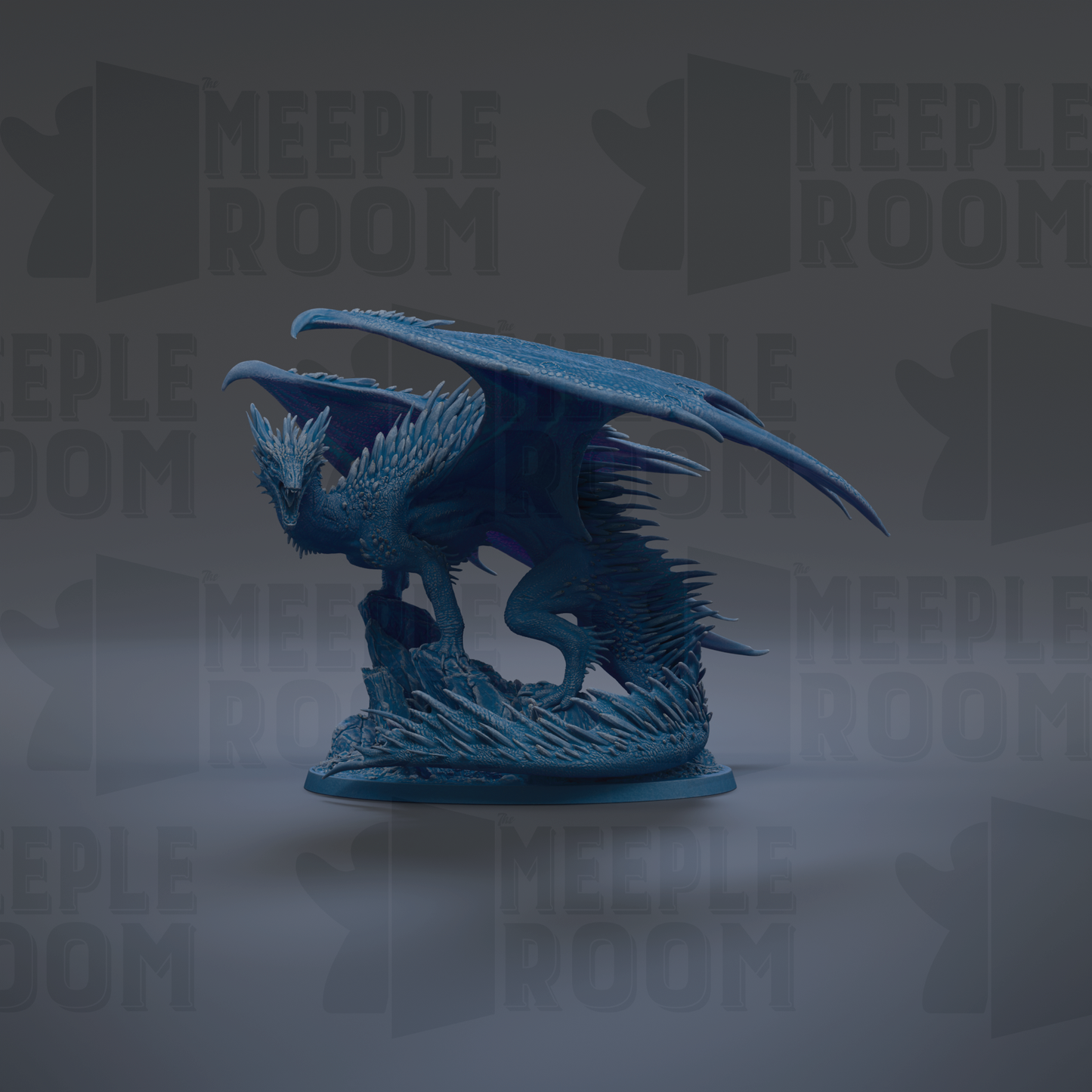A 3D rendering of a blue dragon-like creature with sharp talons and a fierce expression, standing on a rock formation.