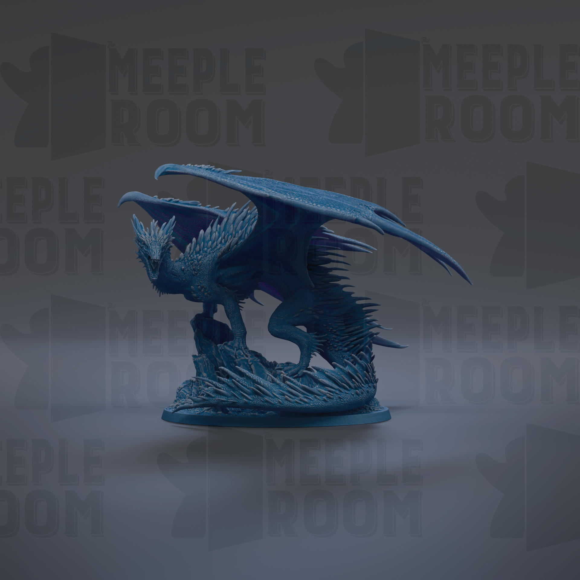 A 3D rendering of a blue dragon-like creature with sharp talons and a fierce expression, standing on a rock formation.
