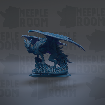 A 3D rendering of a blue dragon-like creature with sharp talons and a fierce expression, standing on a rock formation.