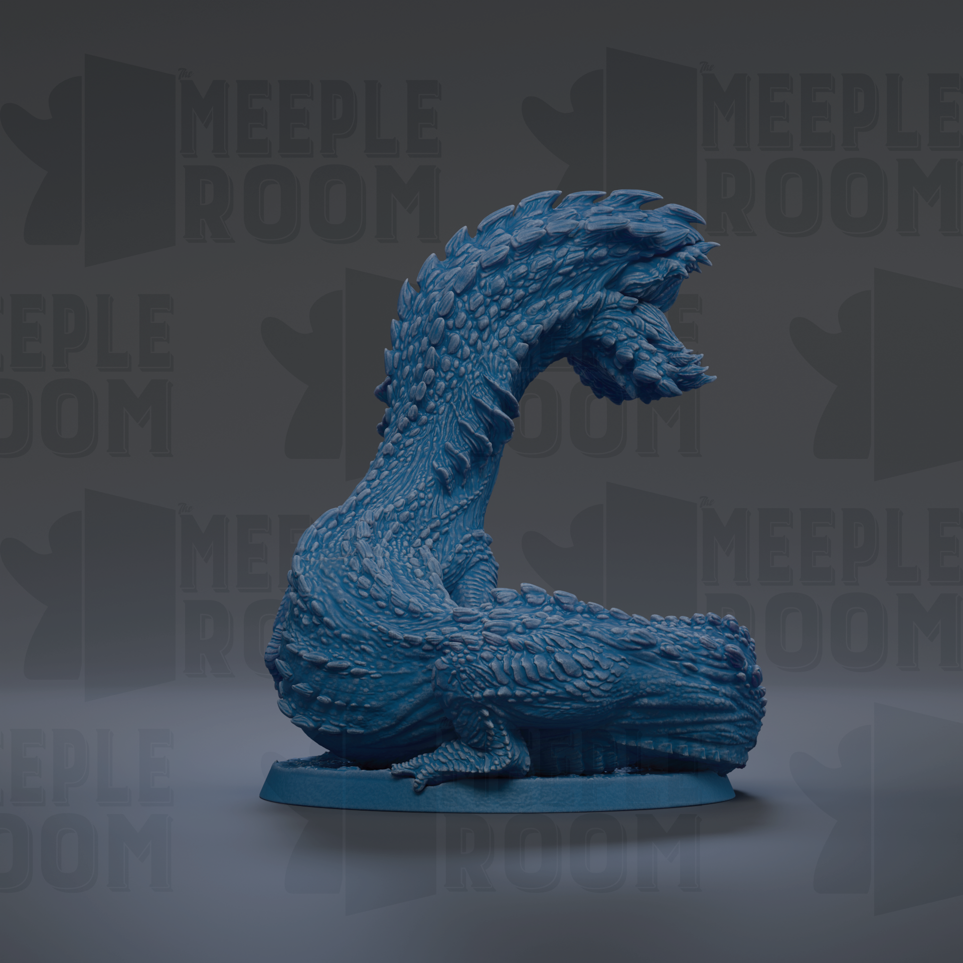 A blue, 3D-rendered dragon figurine is displayed against a dark background with repeated text.