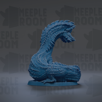 A blue, 3D-rendered dragon figurine is displayed against a dark background with repeated text.
