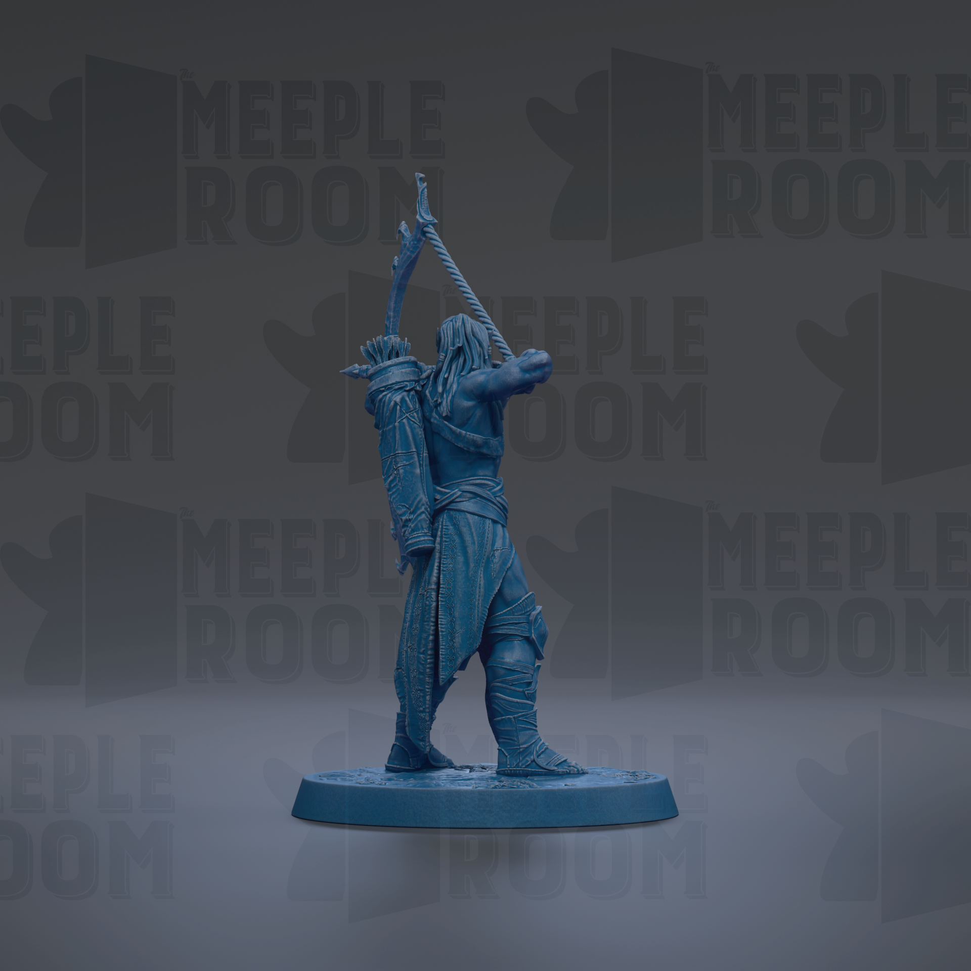 A blue figurine of a warrior standing on a base, with the text "MEUPLE ROOM" repeated in the background.