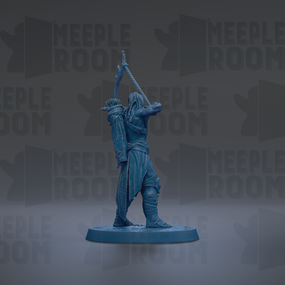 A blue figurine of a warrior standing on a base, with the text "MEUPLE ROOM" repeated in the background.