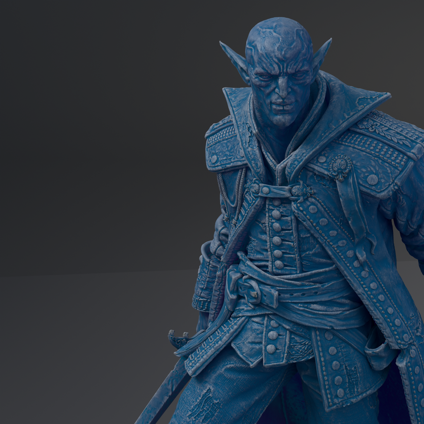 A detailed 3D rendering of a blue-colored, fantastical character with a stern expression, wearing ornate armor and wielding a sword.