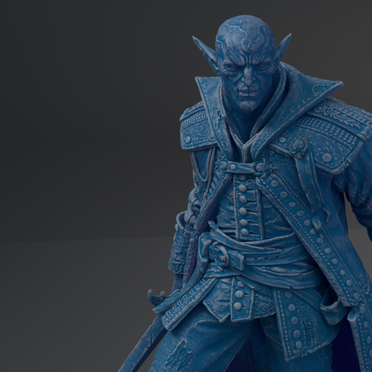 A detailed 3D rendering of a blue-colored, fantastical character with a stern expression, wearing ornate armor and wielding a sword.
