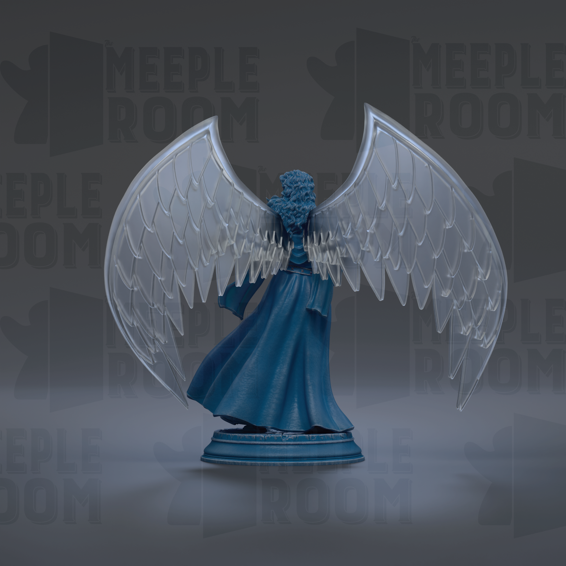 A blue angel statue with outstretched wings stands against a dark background with repeated text.