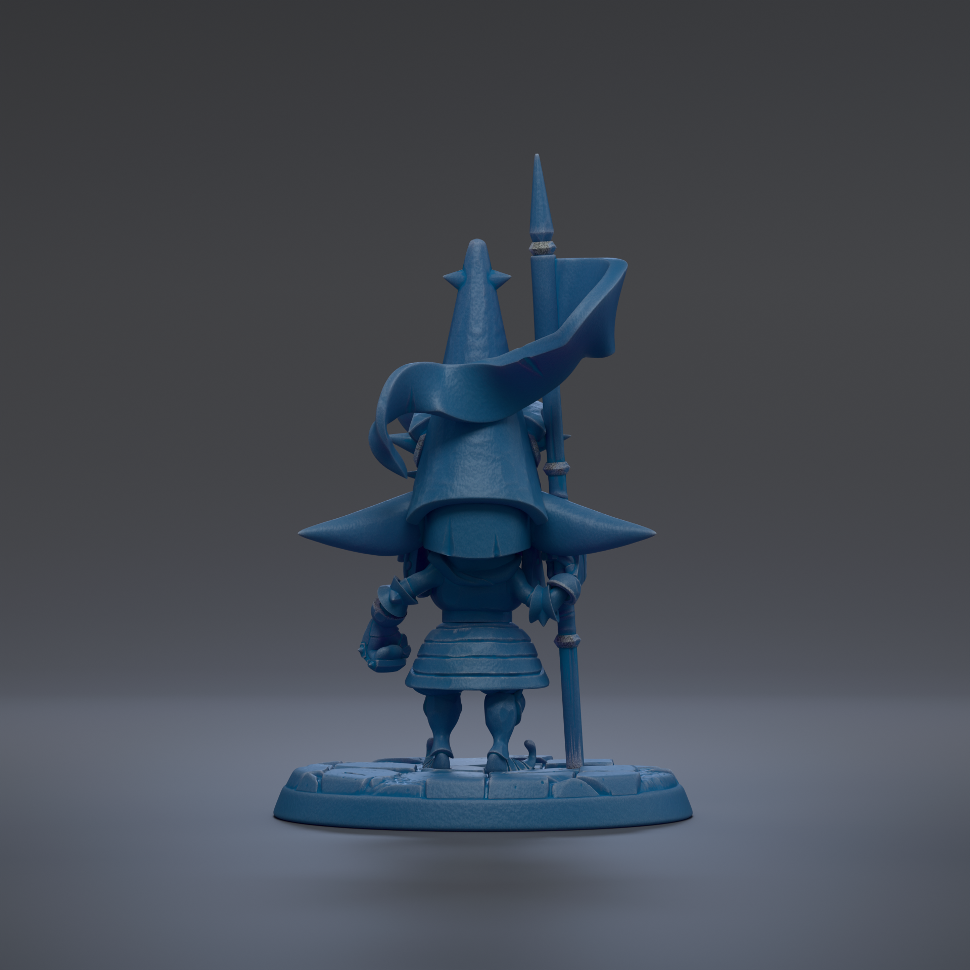 A blue 3D model of a character with a pointed hat and a flag, standing on a base.