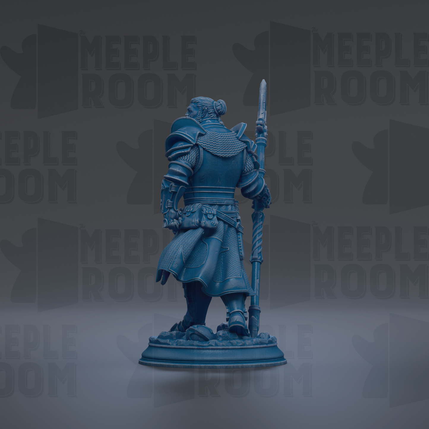 A blue statue of a warrior standing with a sword and shield, against a dark background with repeated text.