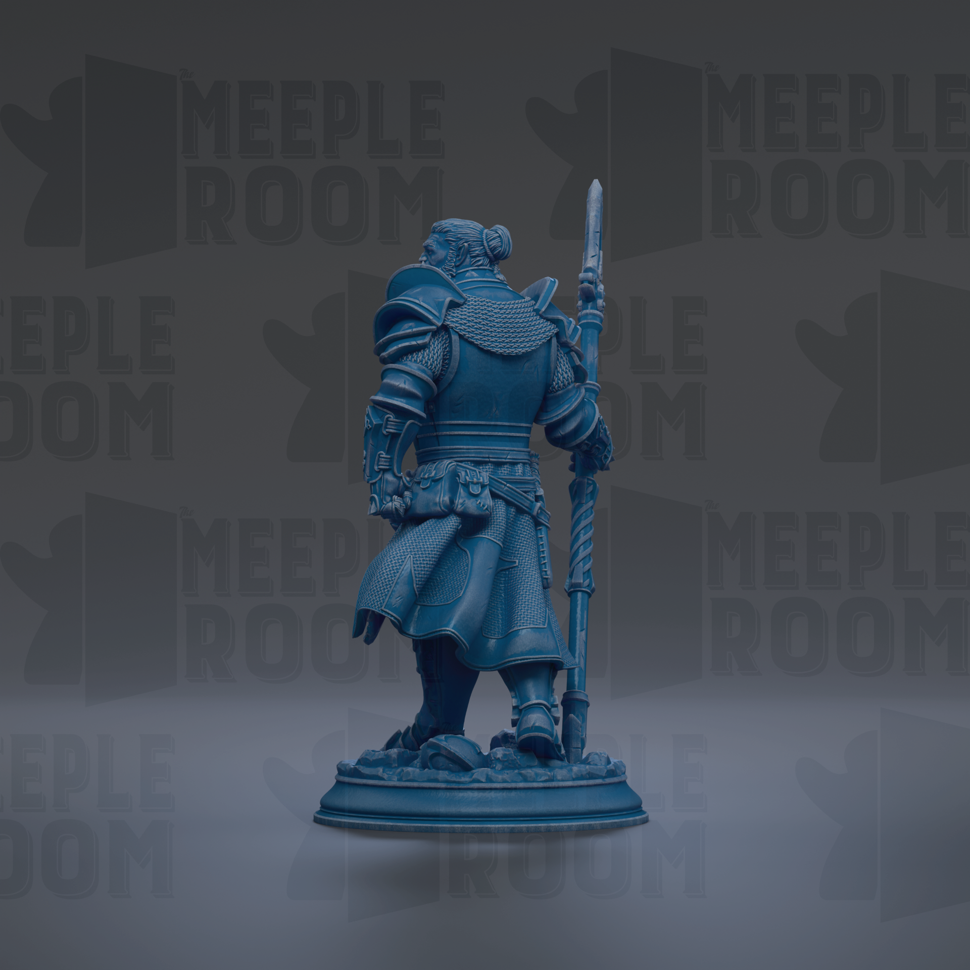 A blue statue of a warrior standing with a sword and shield, against a dark background with repeated text.