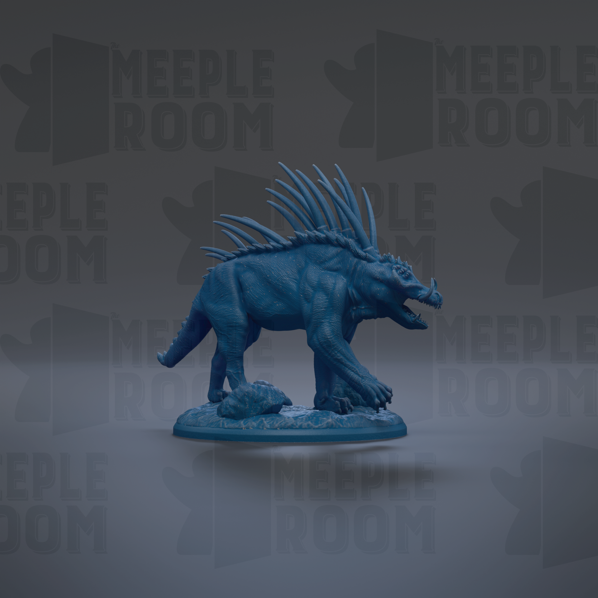 A blue, spiky toy figurine is displayed against a dark background with repeated text.