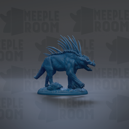 A blue, spiky toy figurine is displayed against a dark background with repeated text.