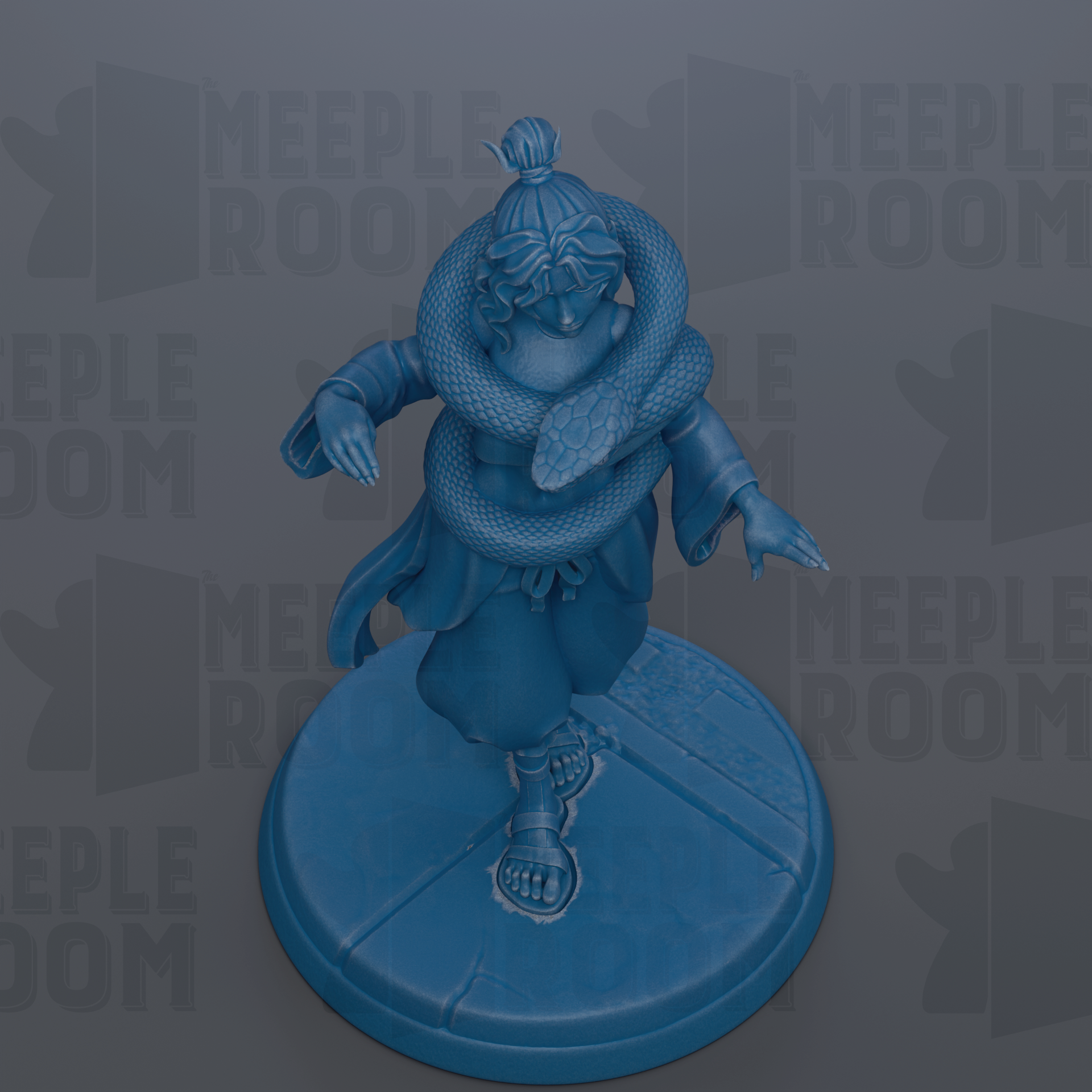 A blue figurine of a person with a snake wrapped around their neck, standing on a blue base.