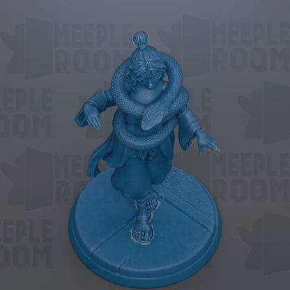 A blue figurine of a person with a snake wrapped around their neck, standing on a blue base.