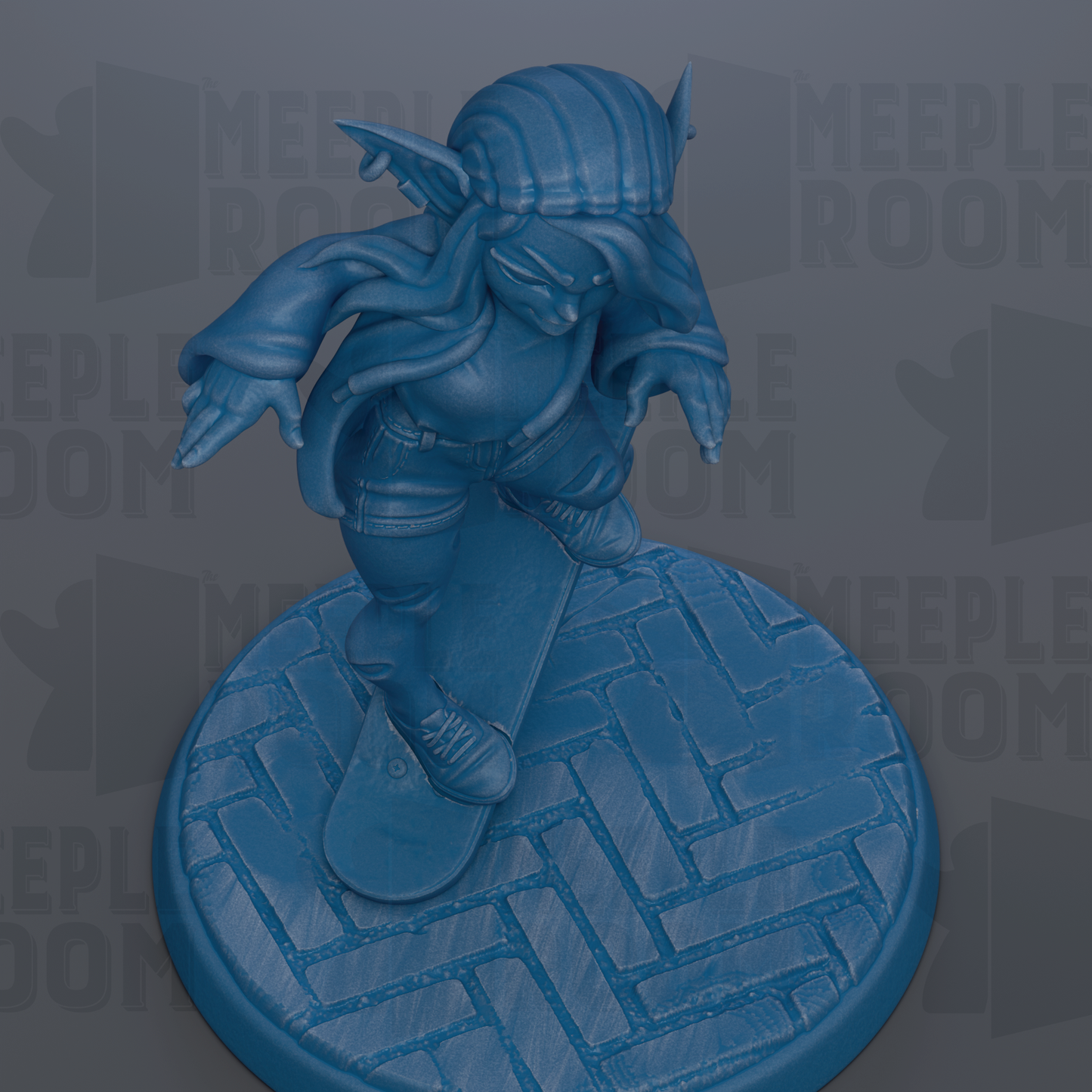 A blue figurine of a skateboarder is depicted in the image.