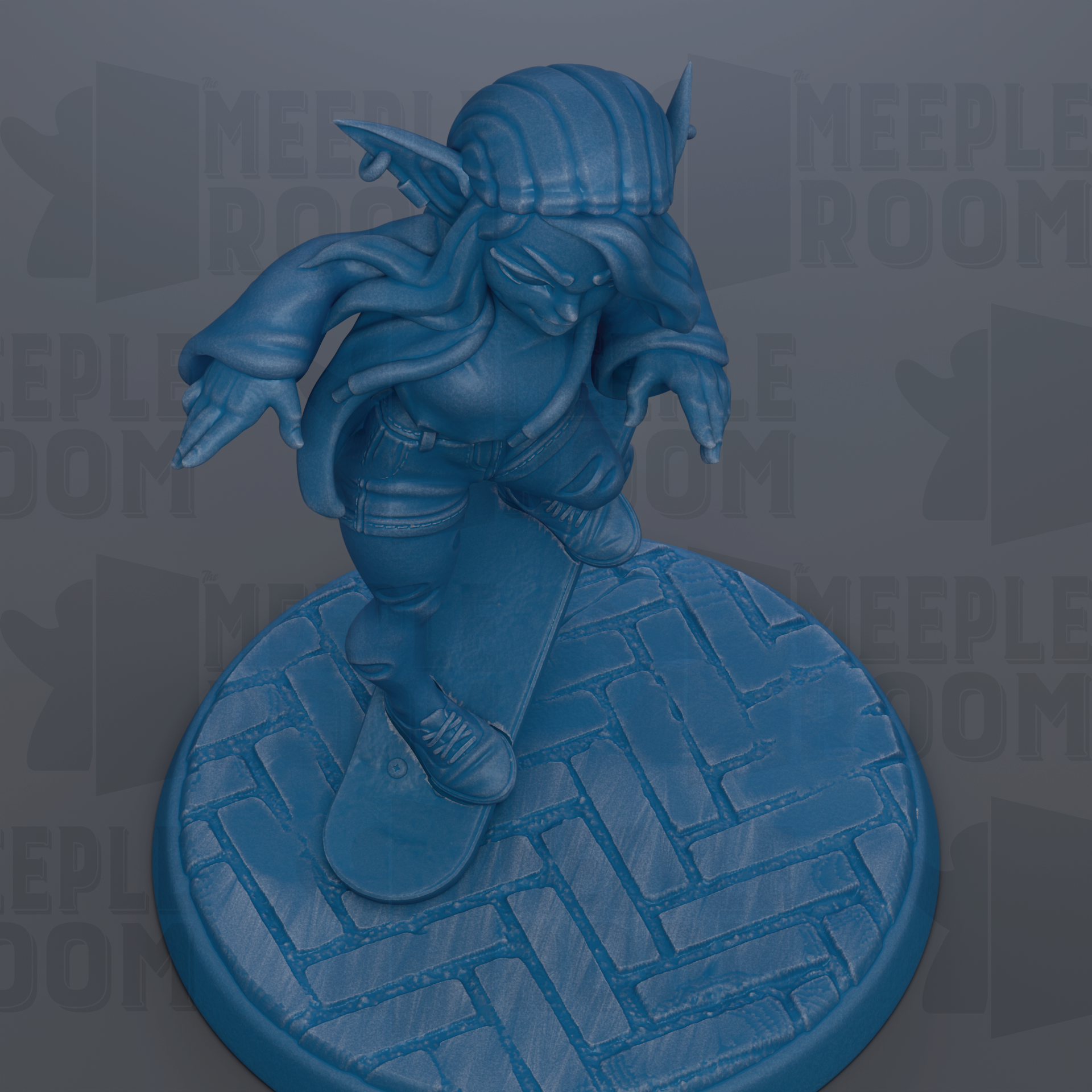 A blue figurine of a skateboarder is depicted in the image.