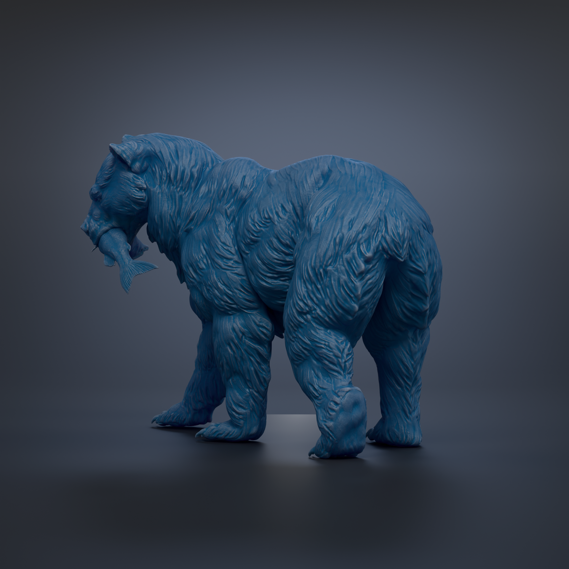 A 3D rendering of a blue bear statue holding a fish in its mouth.