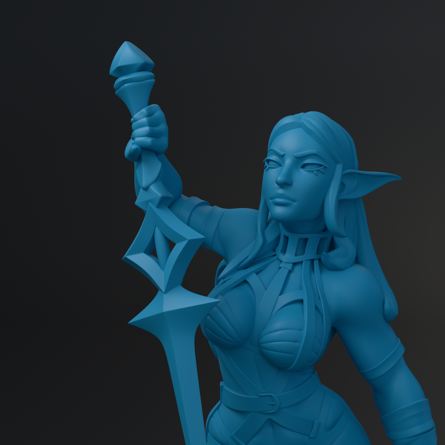 A 3D rendering of a female character with long hair, wearing a blue outfit and holding a sword.
