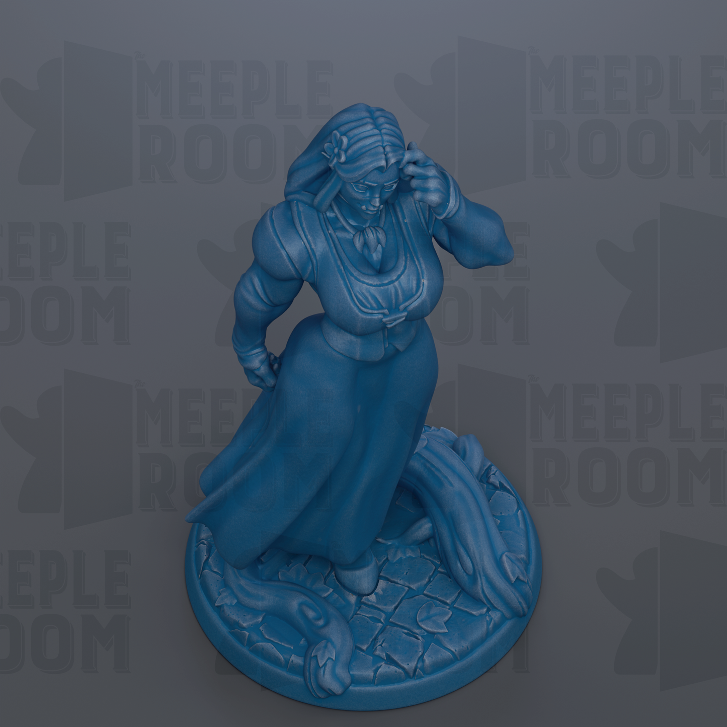 A blue figurine of a woman standing on a stone base, with the text "MEIPLLE ROOM" repeated in the background.